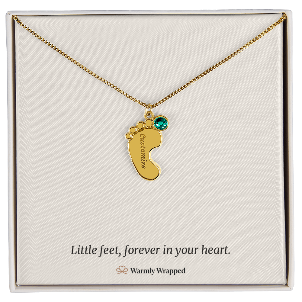 What arrives: the baby-feet necklace on its printed card, “Little feet, forever in your heart.”