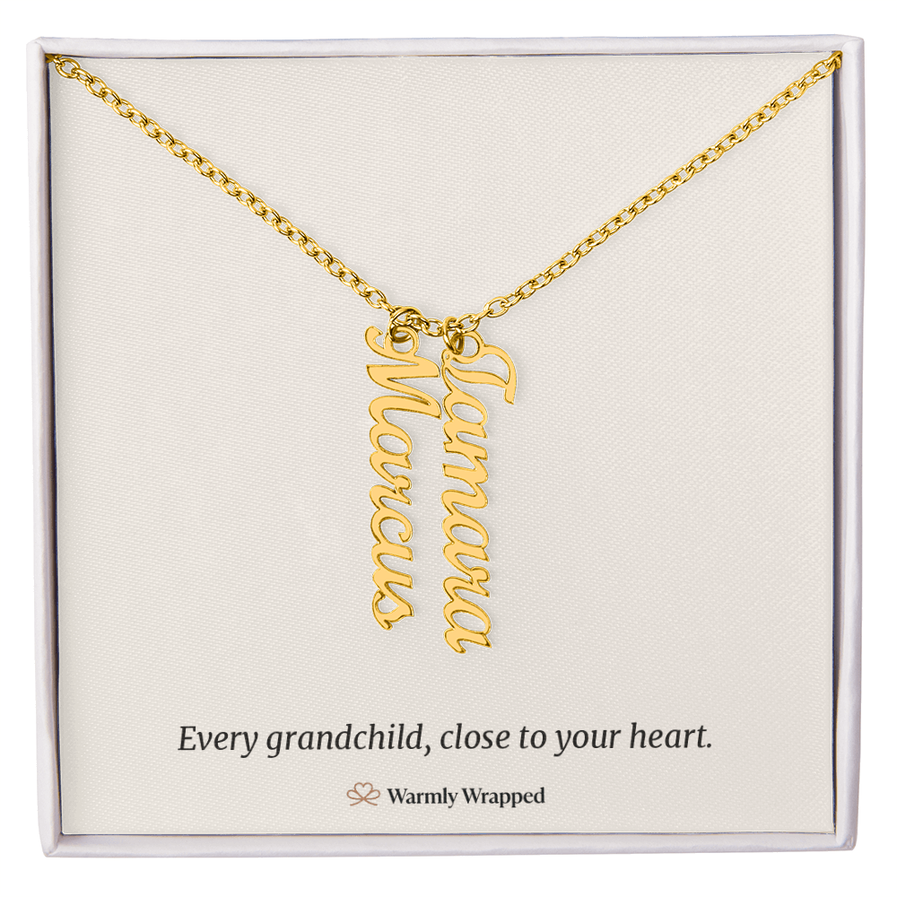 What arrives: the grandkids' names necklace on its printed card, “Every grandchild, close to your heart.”