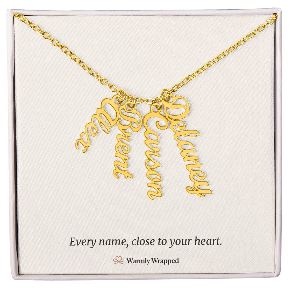 What arrives: the names necklace on its printed card, “Every name, close to your heart.”
