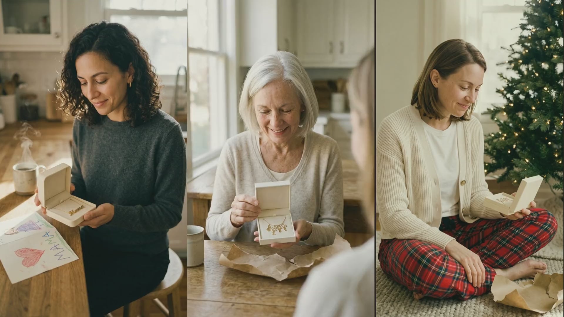 Moms and grandmas opening personalized jewelry gifts