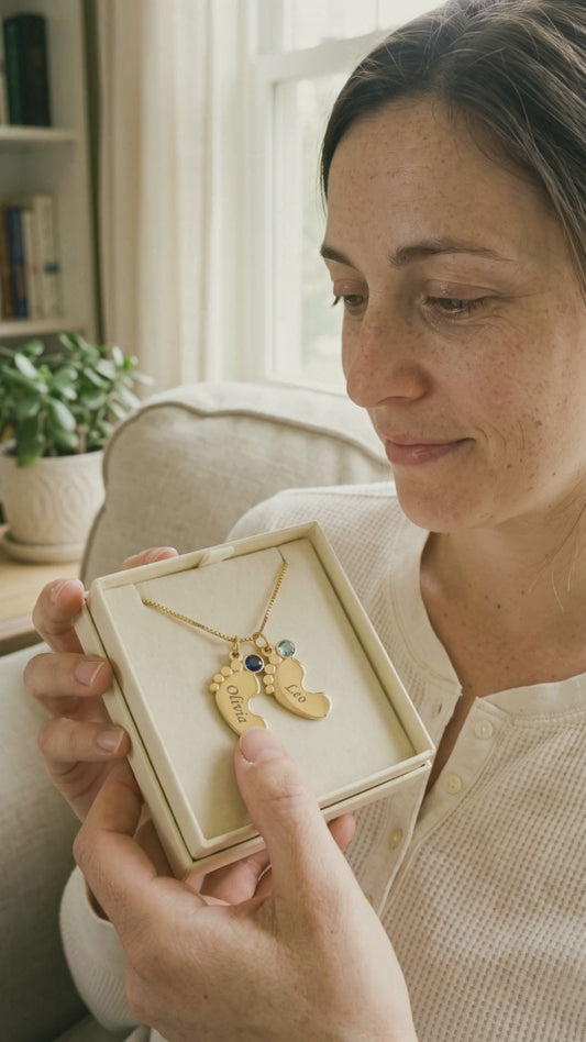Video: a mom runs her thumb over two engraved baby-feet charms