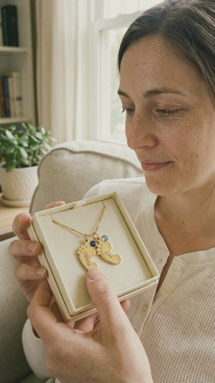 Video: a mom runs her thumb over two engraved baby-feet charms