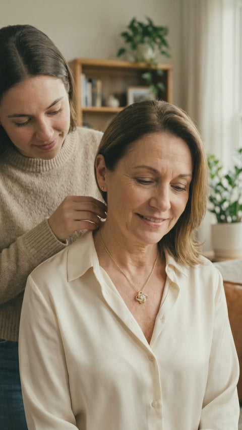 Video: a daughter fastens the love knot necklace for her mom