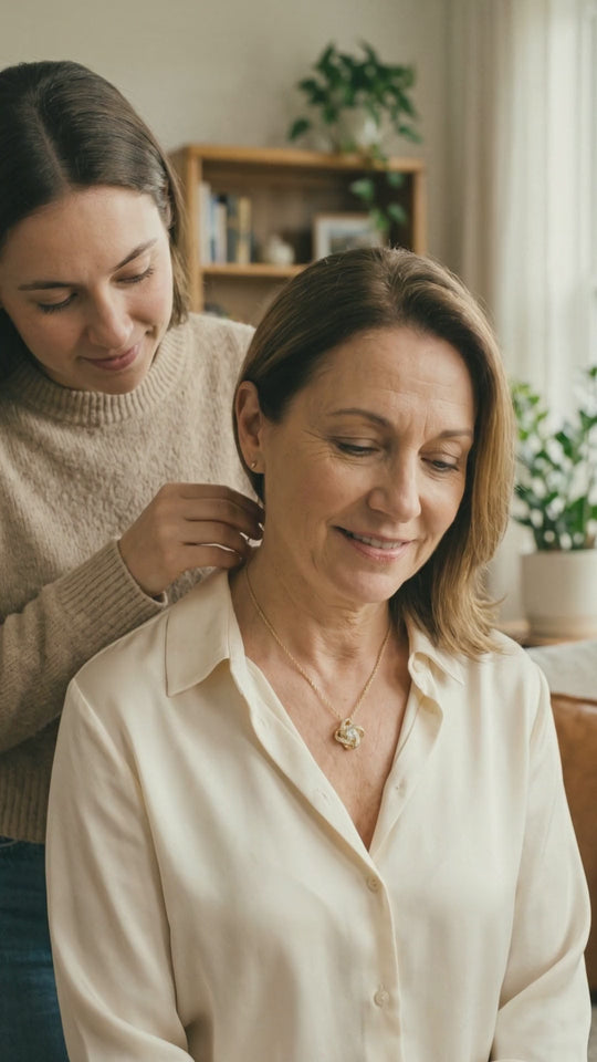 Video: a daughter fastens the love knot necklace for her mom