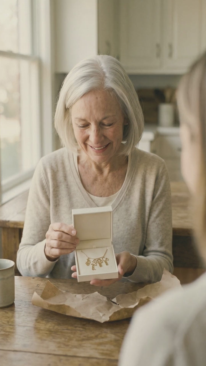 Video: a grandmother opens her grandkids' names necklace and quietly rests a hand over her heart