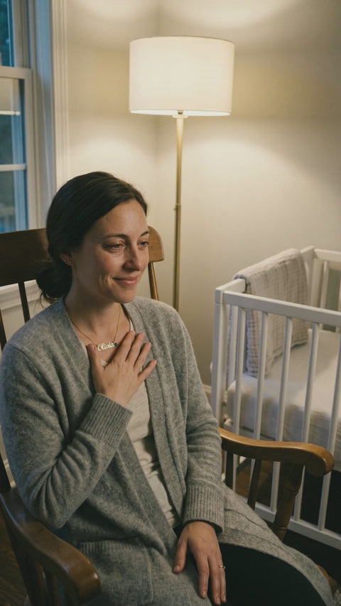 Video: a new mom rocking in the nursery, her hand on her necklace