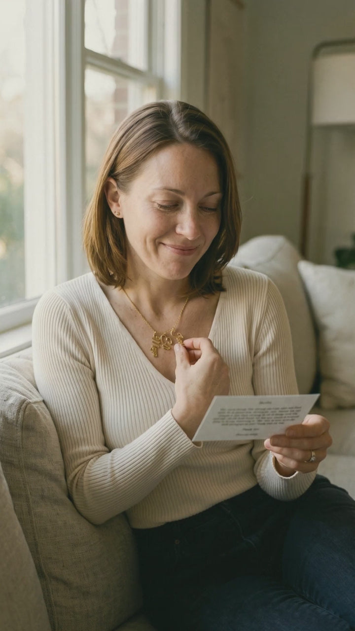 Video: a mom reads her card and touches the names on her necklace