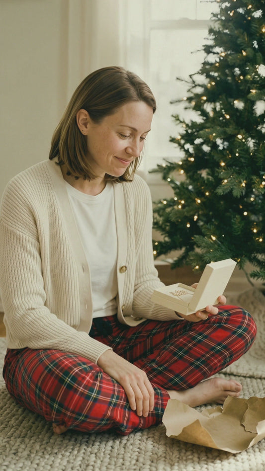 Video: a mom opens her kids' names necklace by the Christmas tree and rests her hand on her heart