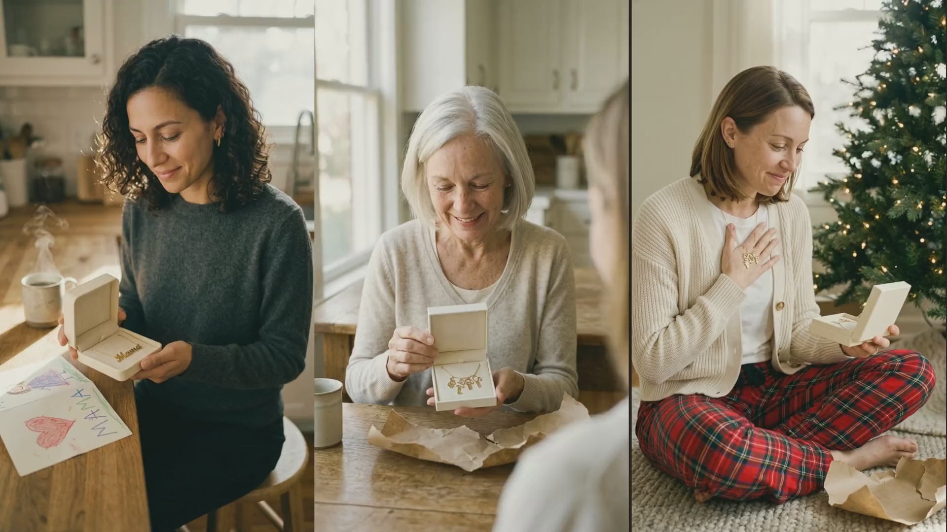 Gift moments: three gifts being opened and worn