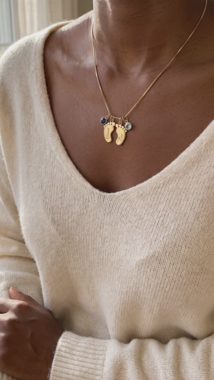 Little Feet Birthstone Necklace, worn