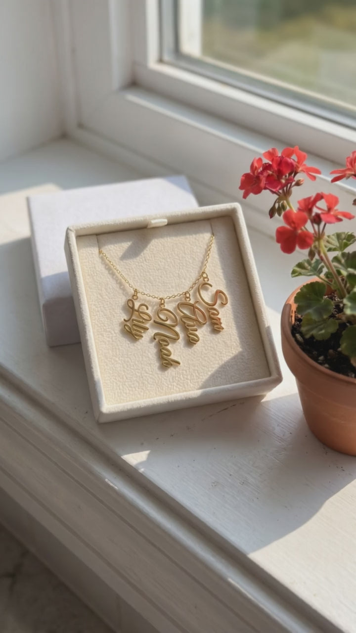 Grandma necklace with grandkids names, in its open gift box