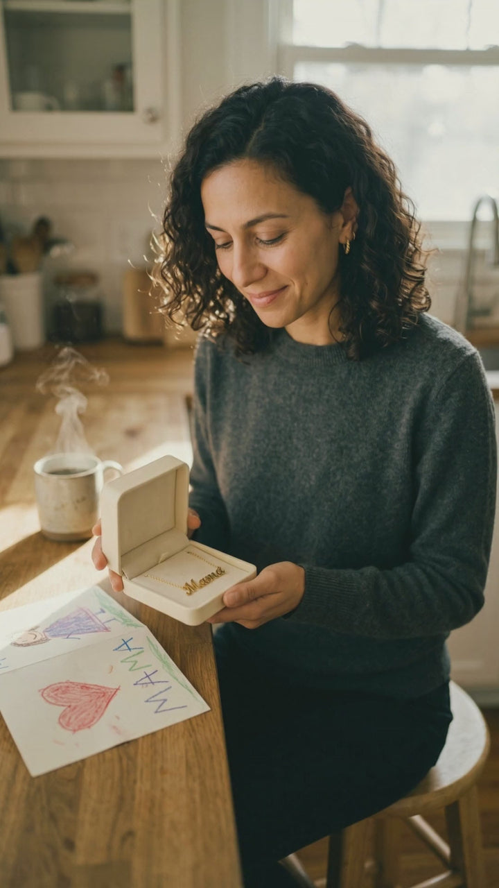 Video: a mom opens her Mama necklace beside her child’s crayon card