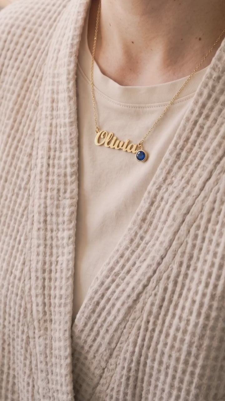 Push present name necklace with birthstone, worn