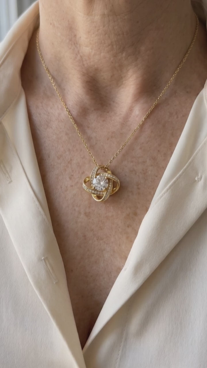 To My Mom Love Knot Necklace, worn