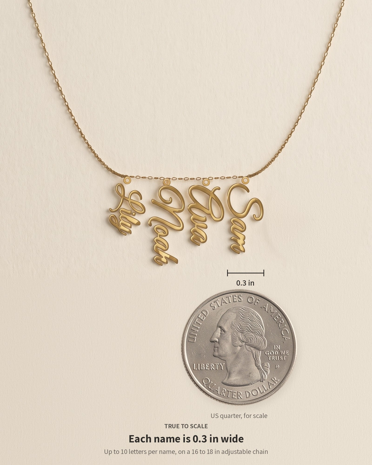 Size guide: each name is 0.3 inches wide, shown beside a US quarter