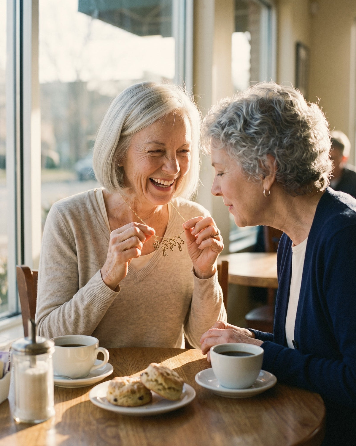 Grandmother laughing as she shows her name necklace to a friend over coffee