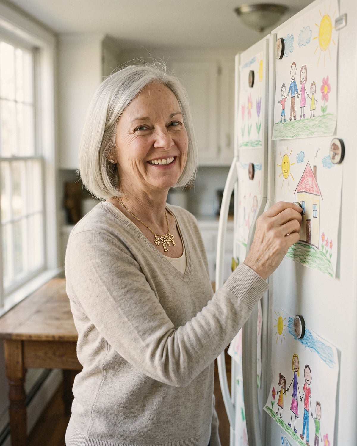 Grandmother pinning a grandchild's drawing to the fridge while wearing her name necklace