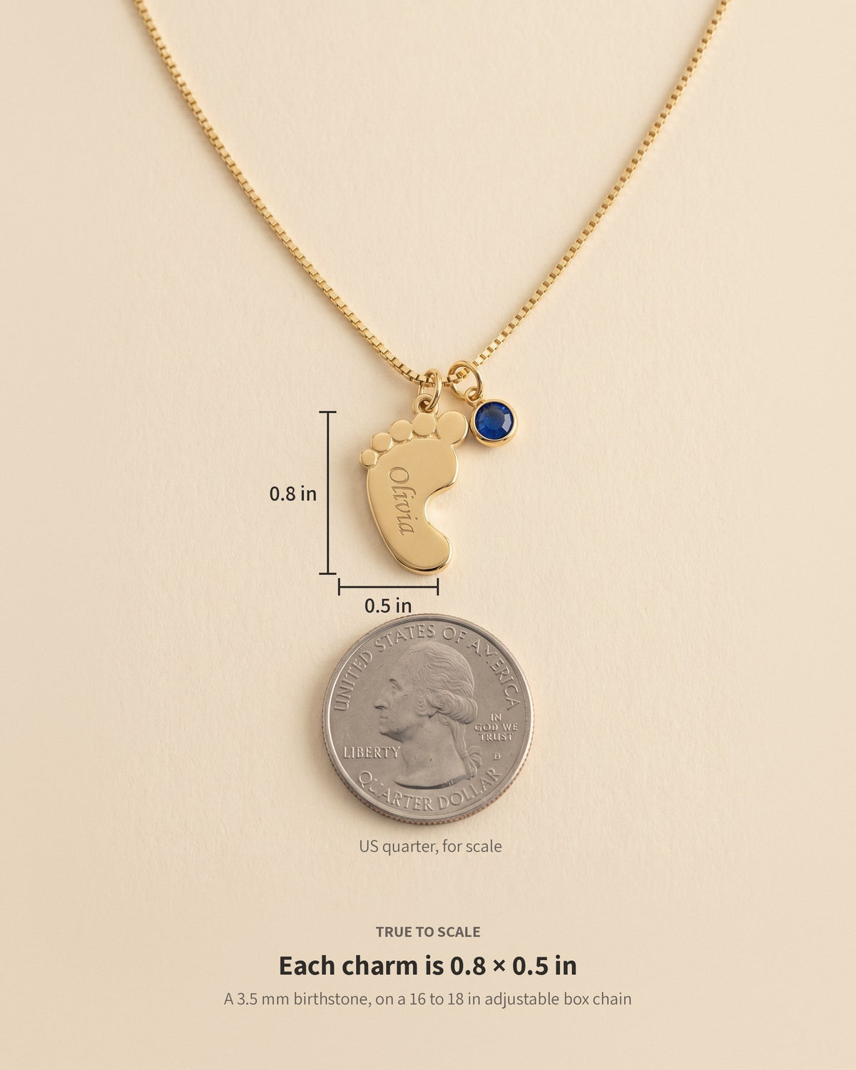 Size guide: each baby-feet charm is 0.8 by 0.5 inches, shown beside a US quarter