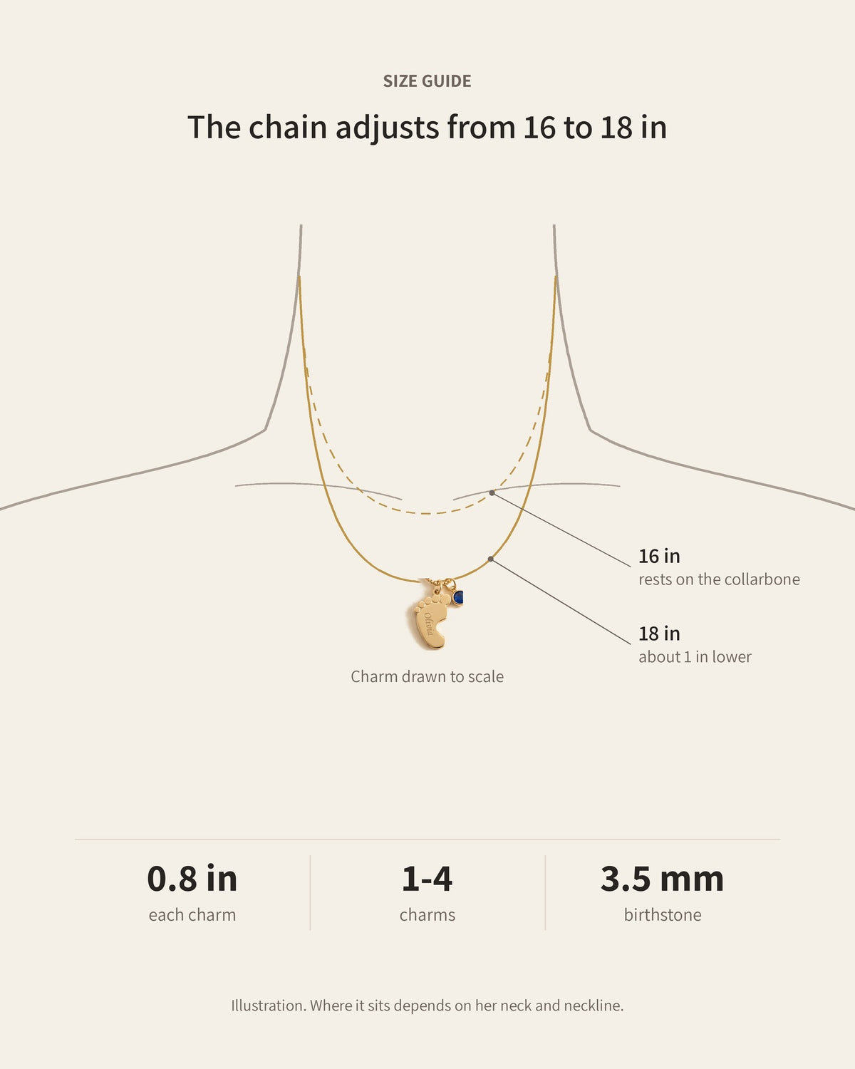 Chain length guide: at 16 inches it rests on the collarbone, at 18 inches about an inch lower