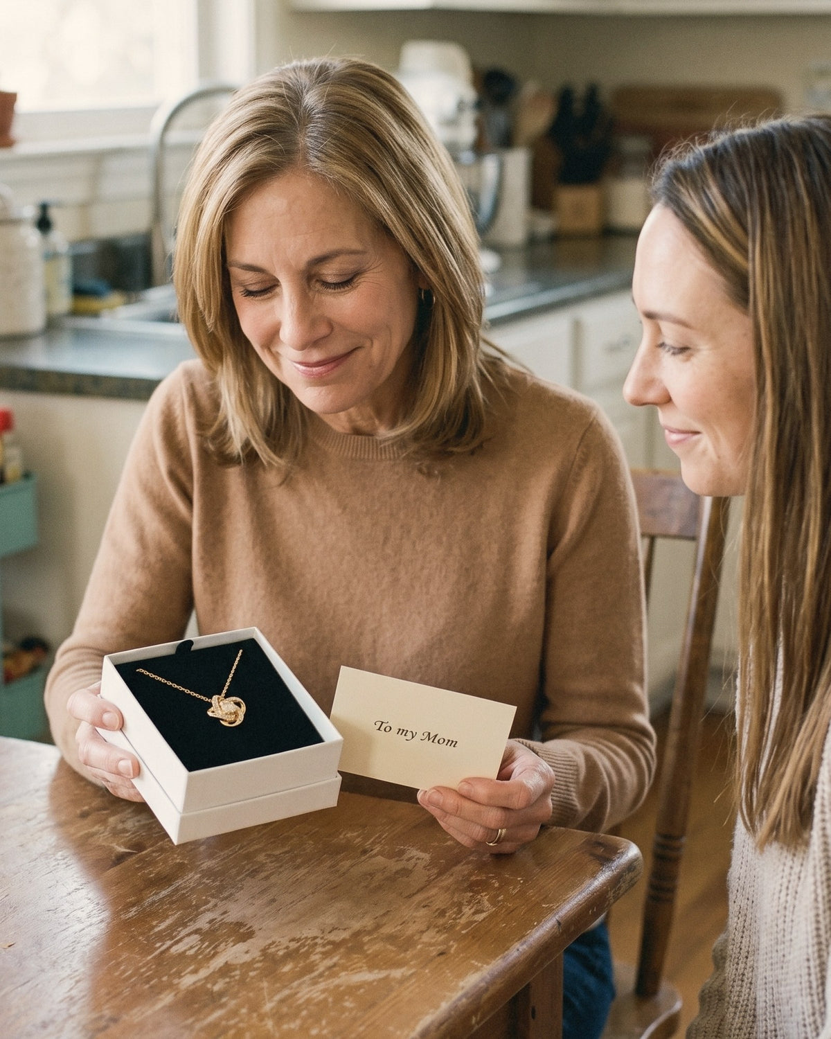 A mom opening a love knot necklace and a To my Mom card from her daughter