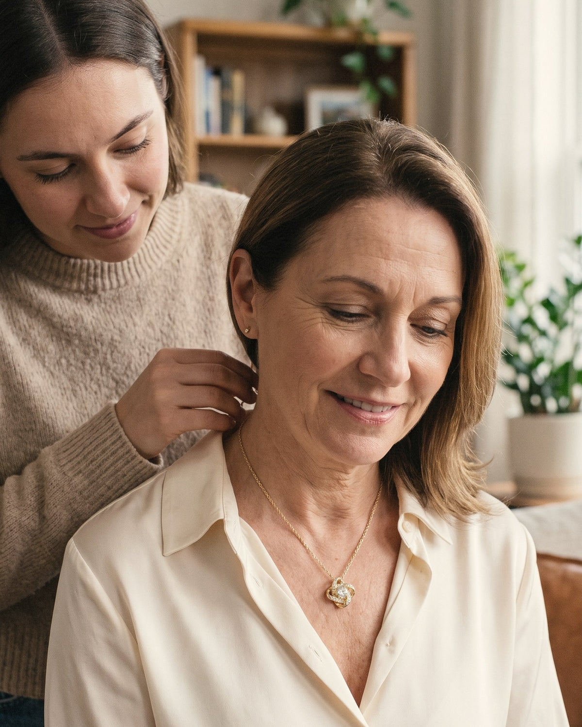 A daughter fastening a love knot necklace around her mom’s neck