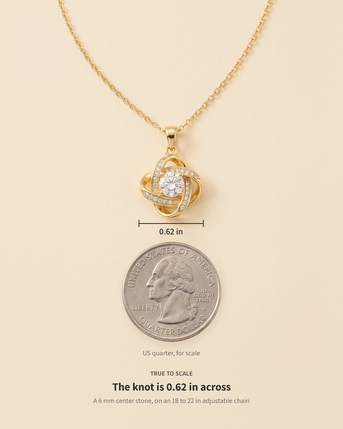 Size guide: the love knot is 0.62 inches across, shown beside a US quarter