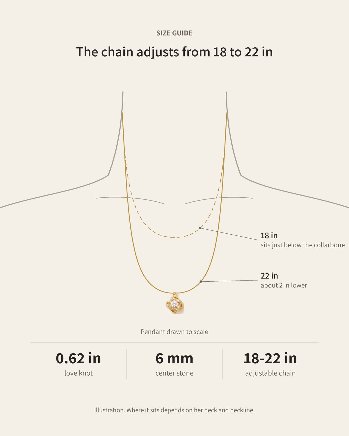Chain length guide: the chain adjusts from 18 to 22 inches