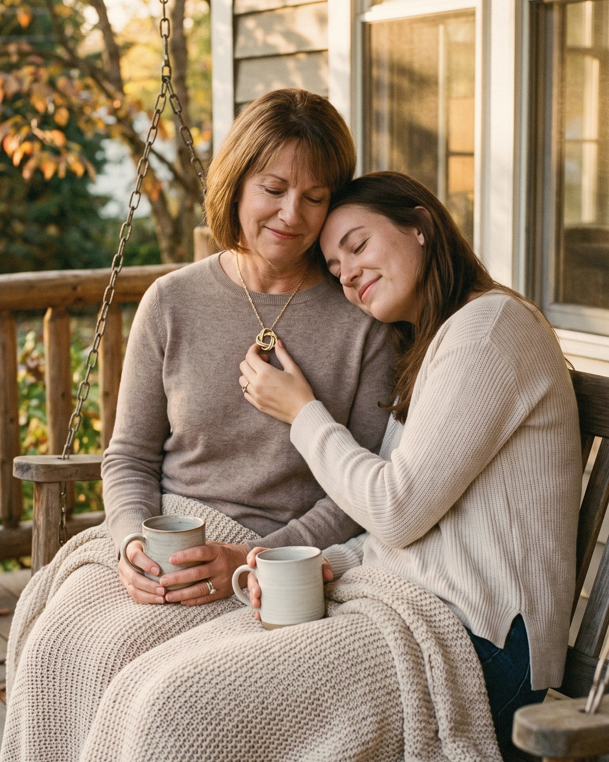 A mom and her grown daughter on a porch swing, the mom wearing the love knot necklace
