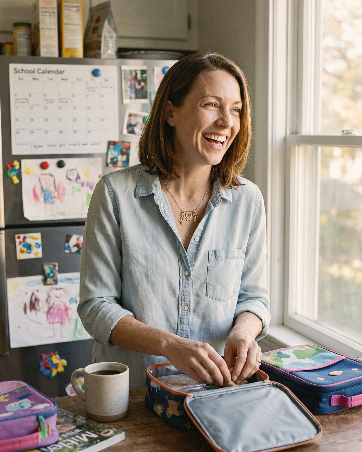 Mom packing lunches in the kitchen wearing her kids' names necklace
