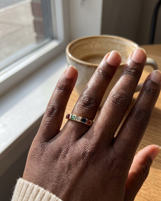 Mother's birthstone ring, worn on her hand