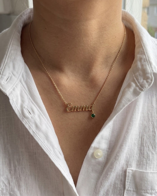 Name necklace with birthstone, worn
