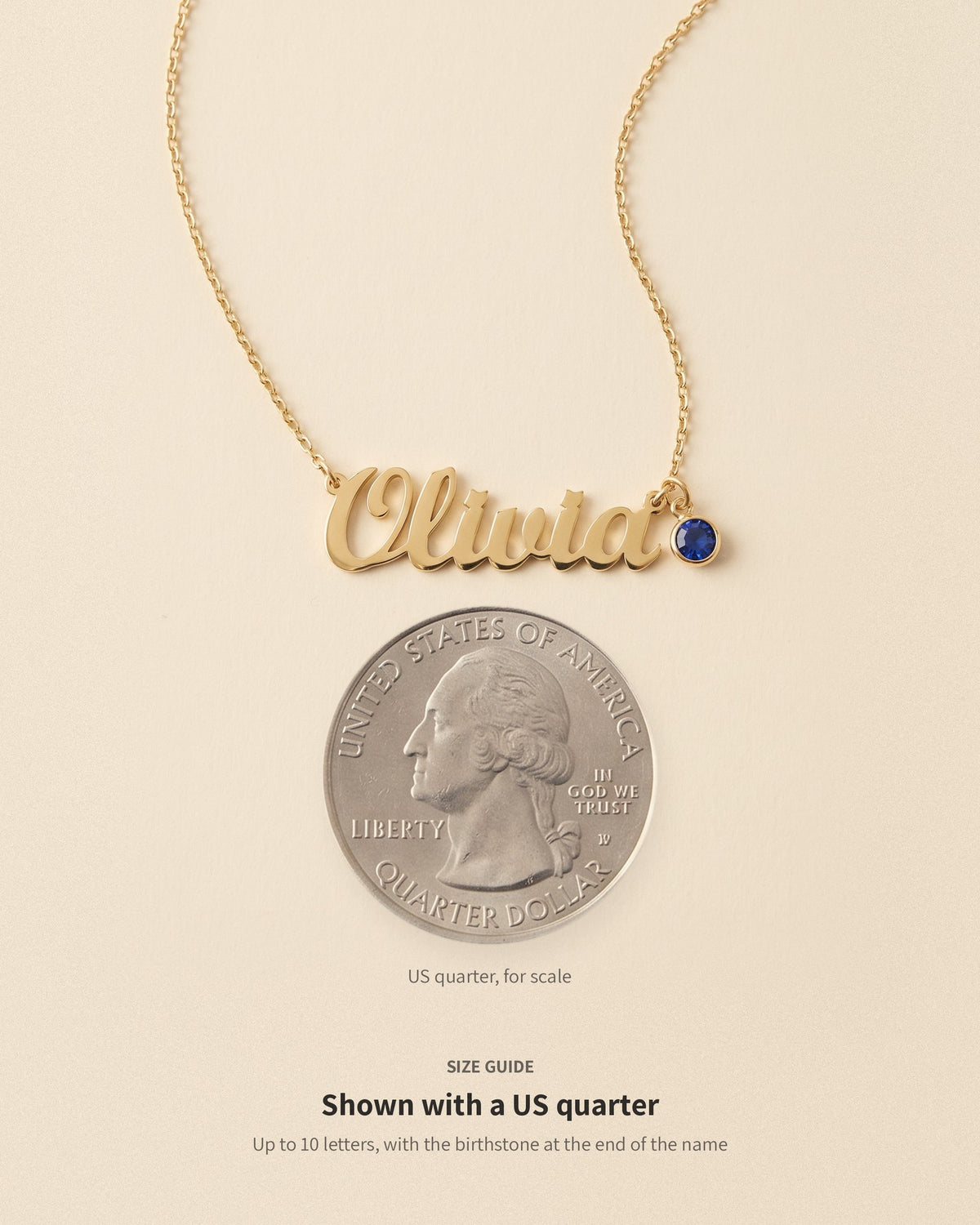 Size guide: the Olivia name necklace shown next to a US quarter